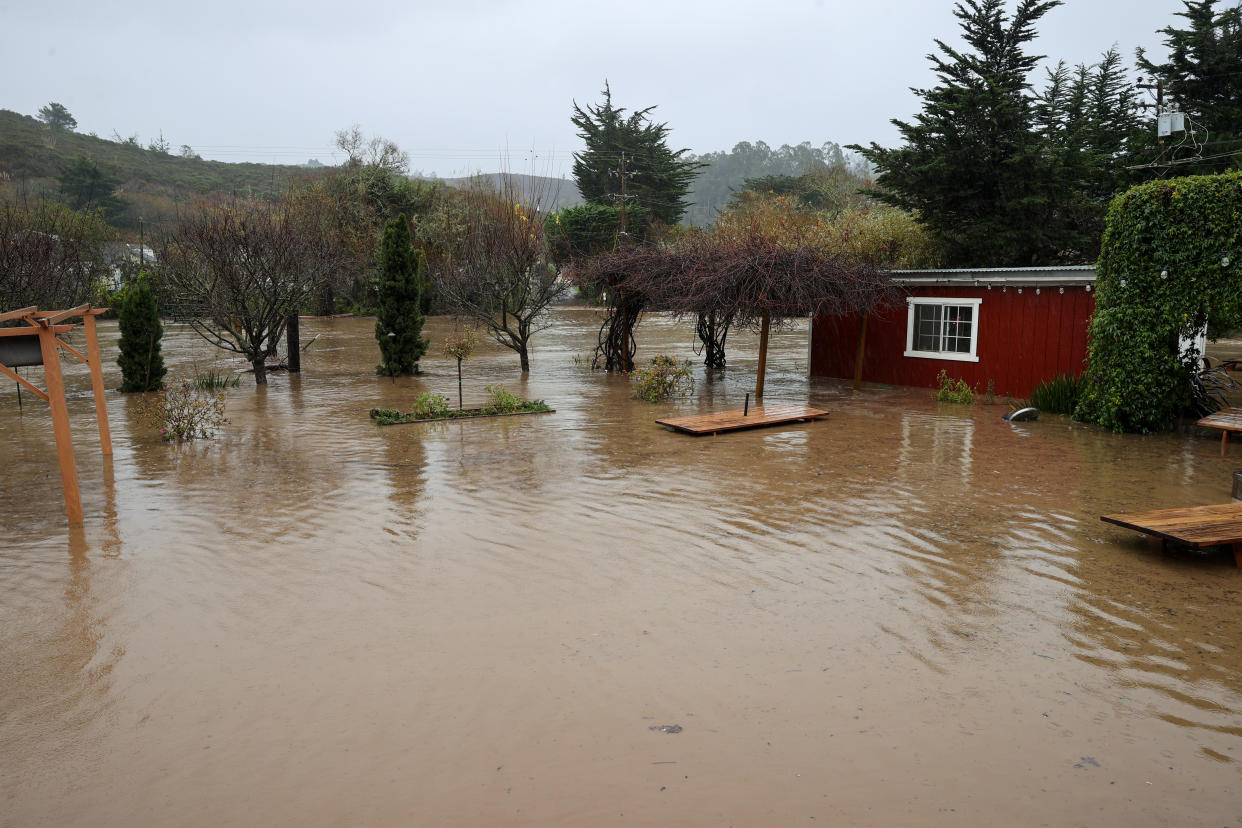 CALIFORNIA, USA - DECEMBER 31: A view of flooding by the highway 92 West in Half Moon Bay as heavy rainstorm hits West Coast of California, United States on December 31, 2022. (Photo by Tayfun Coskun/Anadolu Agency via Getty Images)