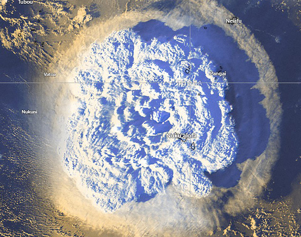 A supplied image shows a satellite image of the volcano eruption in Tonga. Source: AAP Image/Tonga Meteorological Services