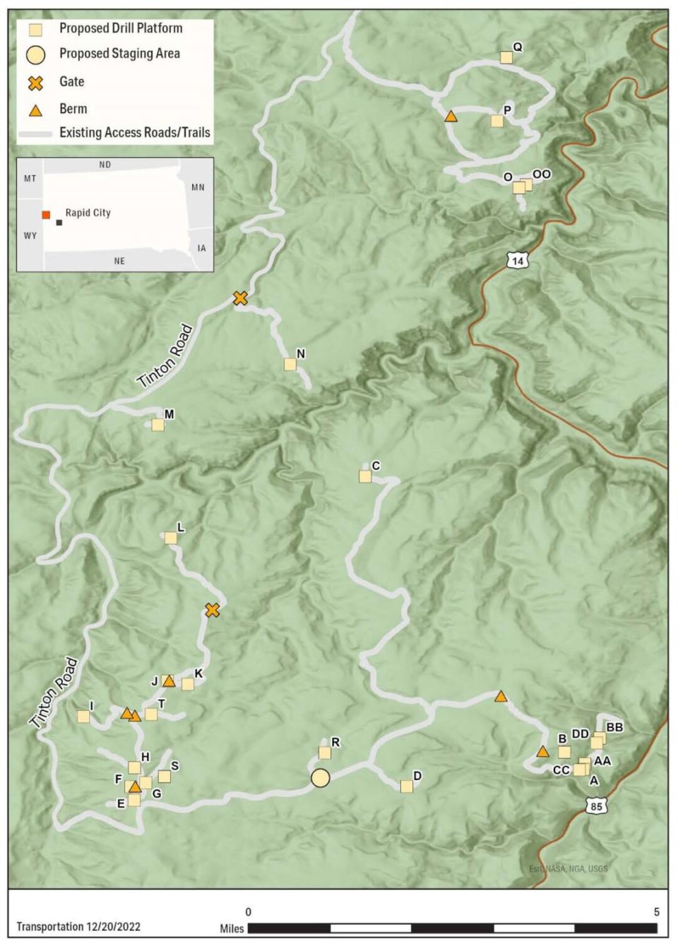 A map of Solitario Resources' planned drilling sites above Spearfish Canyon. Highway 14, shown on the map, is inside the canyon. (Courtesy of U.S. Forest Service)