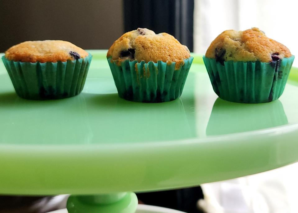 Note the difference in dome in the first mini muffin, which was not started in a 450-degree oven, compared with the second two, which were baked in high heat for the first 5 minutes.