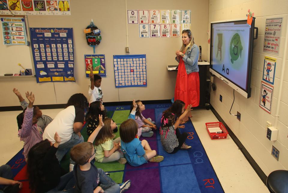 Jennifer Reynolds gets ready to teach kindergarten kids at Chancey Elementary in EL Skills Bock Small Group. April 18, 2023 