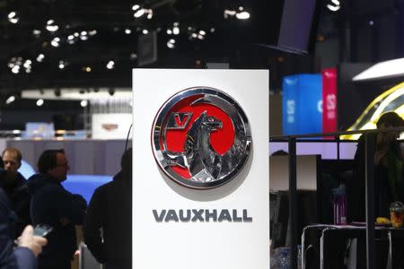 FILE PHOTO: The logo is seen at the exhibition stand of Vauxhall ahead of the 87th International Motor Show at Palexpo in Geneva, Switzerland, March 6, 2017. REUTERS/Arnd Wiegmann