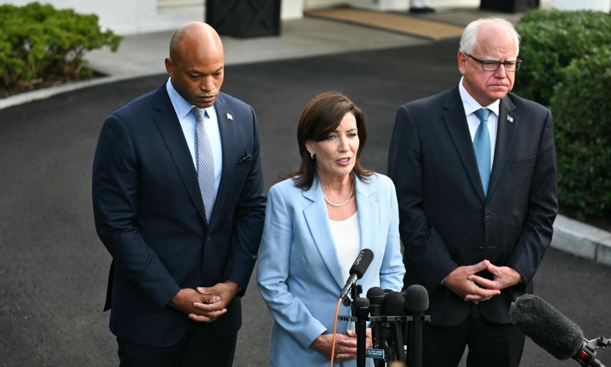 <span>Governors Wes Moore, Kathy Hochul and Tim Walz speaks to reporters after meeting with Joe Biden at the White House on Wednesday.</span><span>Photograph: Jim Watson/AFP/Getty Images</span>