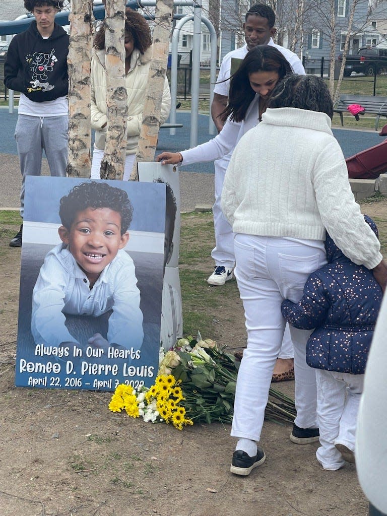 A vigil held for Romeo D. Pierre Louis, 5, who died April 7, 2022 after collapsing on the playground at Charter Oak International Academy school in Connecticut two days earlier. According to a wrongful death lawsuit filed by the boys' parents, the boy suffered from a medical condition and teachers nearby did nothing to help Romeo because they thought he was "playing dead."