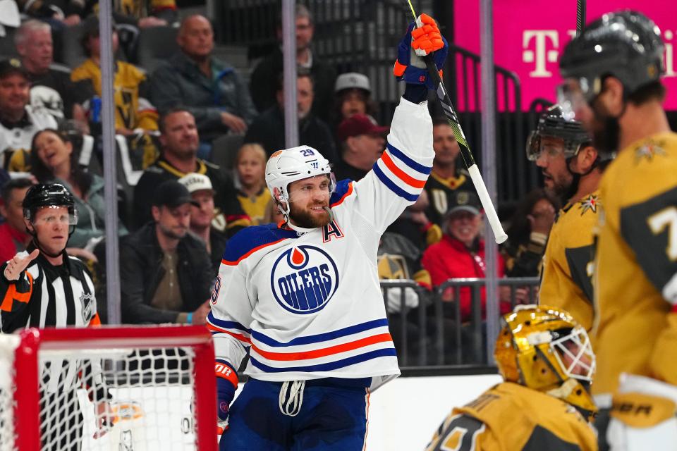 Edmonton Oilers center Leon Draisaitl celebrates after scoring a goal against the Vegas Golden Knights during the first period.