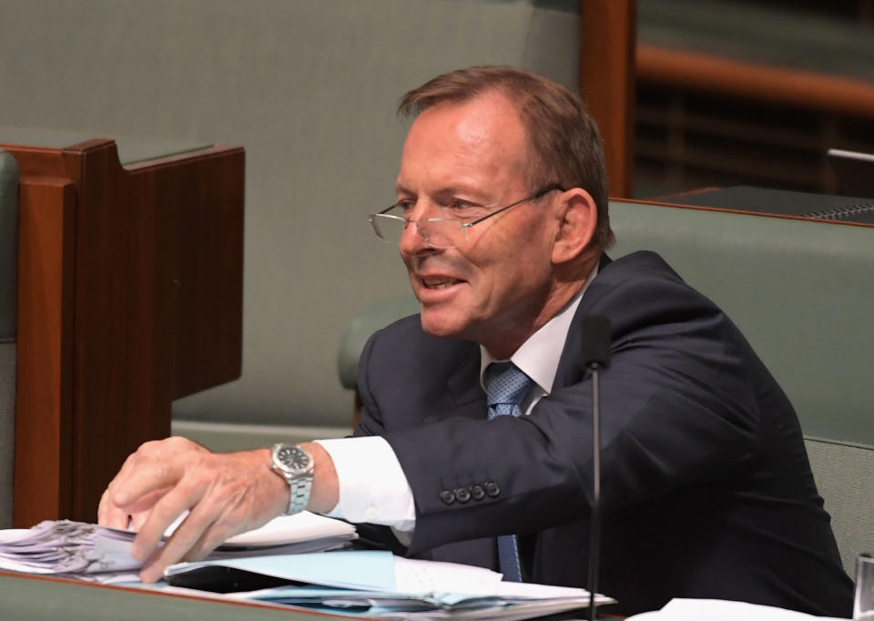 CANBERRA, AUSTRALIA - DECEMBER 05:  Former Prime Minister Tony Abbott sits on the back bench during question time at Parliament House on December 5, 2018 in Canberra, Australia. The Government is pushing to have its controversial encryption legislation passed in the final days of parliament before the Christmas break.  (Photo by Tracey Nearmy/Getty Images)