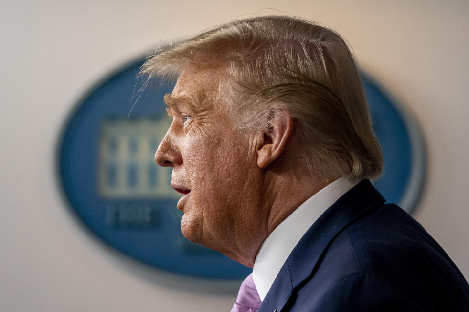 President Donald Trump speaks at a news conference in the James Brady Press Briefing Room at the White House, Tuesday, Aug. 11, 2020, in Washington. (AP Photo/Andrew Harnik)