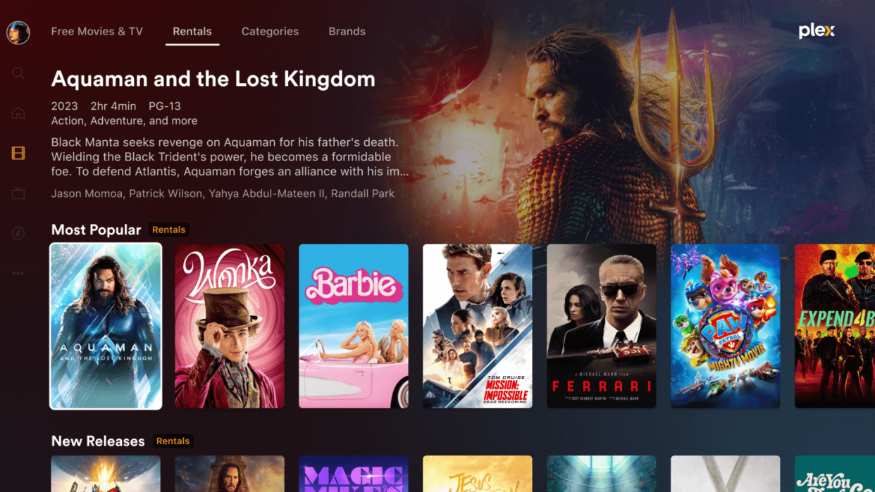  Plex rentals home page with Aquaman and the Lost Kingdom selected. 
