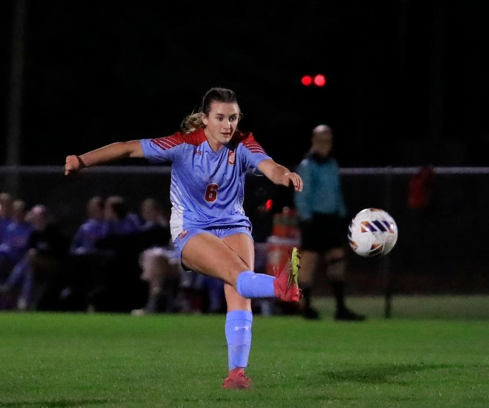 Seabreeze’s (6) Morgan Long kicks the ball during the regional quarterfinals againstWesley Chapel on Tuesday, Jan.13, 2024 at Ormond Beach Sports Complex.