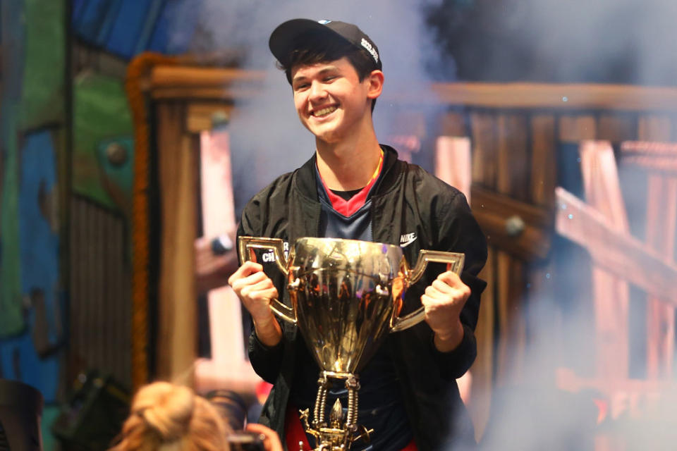 NEW YORK, NEW YORK - JULY 28:  Kyle âBughaâ Giersdorf celebrates after winning the Fortnite World Cup solo final at Arthur Ashe Stadium on July 28, 2019 in New York City. (Photo by Mike Stobe/Getty Images)