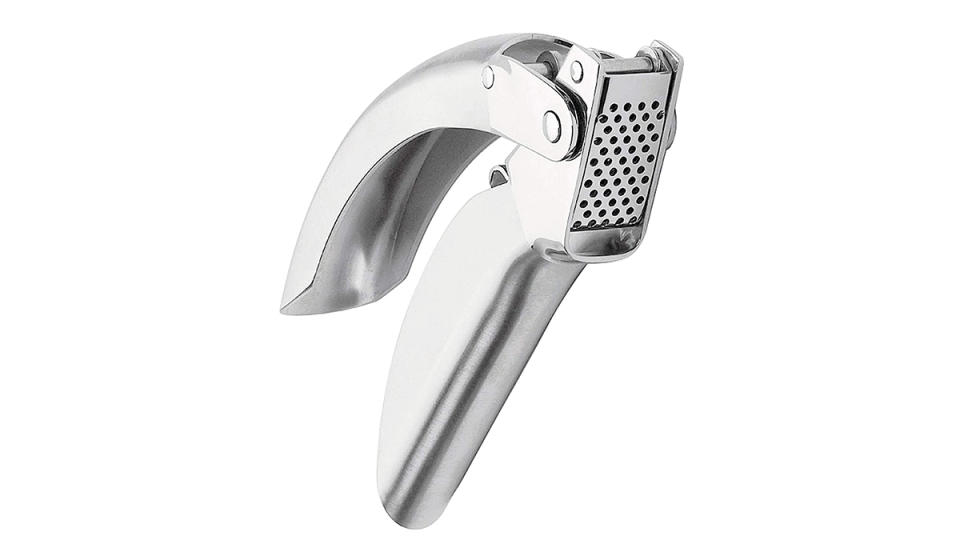 A stainless steel garlic press