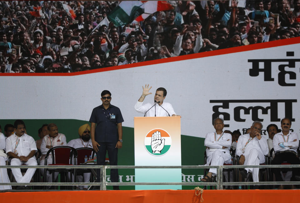 Congress party leader Rahul Gandhi speaks during rally in New Delhi, India, Sunday, Sept. 4, 2022. Thousands of people rallied on Sunday under key opposition Congress party leader Rahul Gandhi who made a scathing attack on Prime Minister Narendra Modi's government for soaring unemployment and food and fuel prices in the country. (AP Photo)
