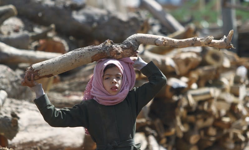 FILE PHOTO: Girl carries a wood pole at a market amid fuel and cooking gas shortages in Sanaa