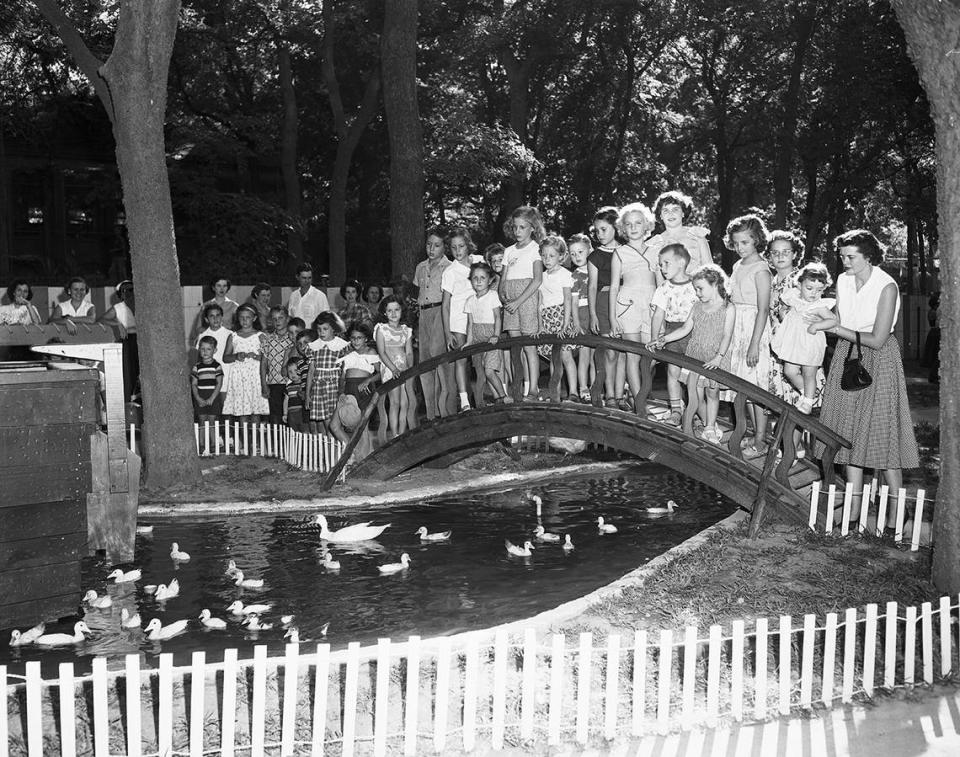 June 20, 1953: Youngers in the children’s zoo at Fort Worth’s Forest Park Zoo watching ducks swim.