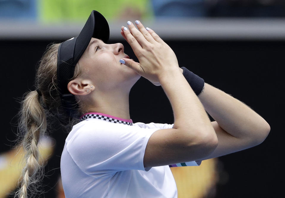 United States' Amanda Anisimova celebrates after defeating Aryna Sabalenka of Belarus during their third round match at the Australian Open tennis championships in Melbourne, Australia, Friday, Jan. 18, 2019. (AP Photo/Mark Schiefelbein)