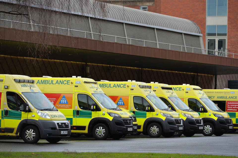 Leicester, Leicestershire, UK 16th Jan 2021. UK. Ambulances waiting to drop patients off queue up outside the Leicester Royal Infirmary during the third Coronavirus Lockdown.