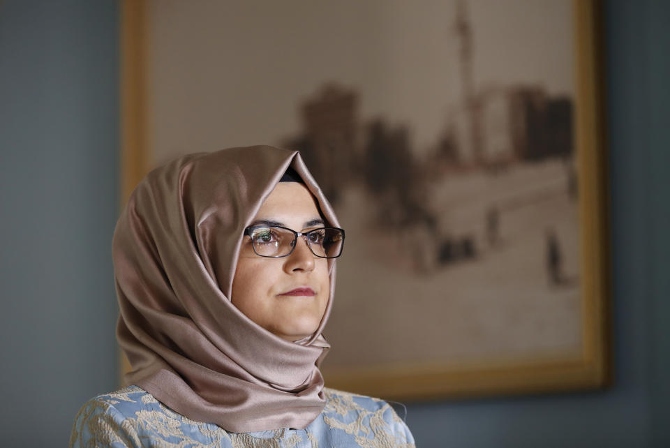 Hatice Cengiz, the fiancee of slain Saudi journalist Jamal Kashoggi talks to The Associated Press in Istanbul, Tuesday, Oct. 1, 2019. Speaking on the eve of the anniversary of his death, Cengiz said she feels apprehensive about returning to the site where he was killed for a commemorative ceremony but takes strength from the fact that she will not be alone. Cengiz said: "Last year, I waited for Jamal alone. This year the whole world will be waiting with me for Jamal, and for justice for Jamal''. (AP Photo/Lefteris Pitarakis)