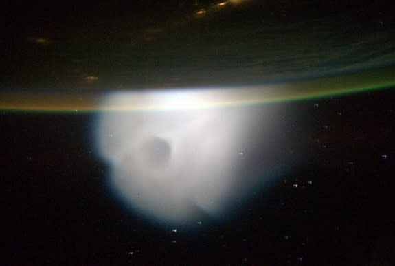 NASA Astronaut Mike Hopkins took this photo from the International Space Station on Oct. 10. “Saw something launch into space today. Not sure what it was but the cloud it left behind was pretty amazing,” the Expedition 37/38 Flight Engineer twe
