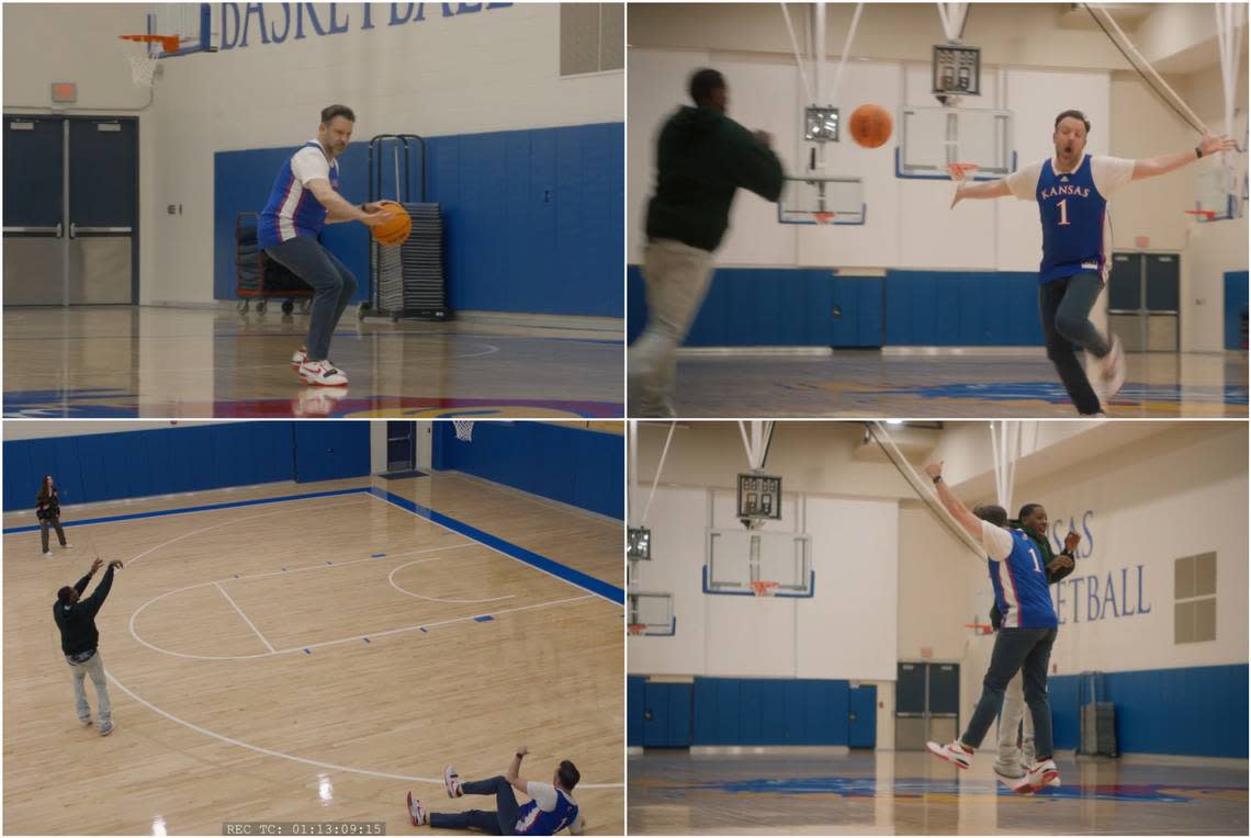 “Ted Lasso” actor Jason Sudeikis and Kansas legend Mario Chalmers recreated Chalmers’ famous shot in the 2008 NCAA Tournament championship game against Memphis for an ESPN+ series. Screengrabs of ESPN+ broadcast