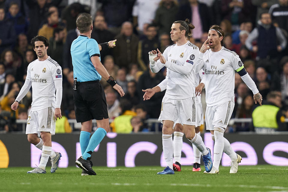 MADRID, SPAIN - FEBRUARY 26: Sergio Ramos of Real Madrid reacts after getting scored during the UEFA Champions League round of 16 first leg match between Real Madrid and Manchester City at Bernabeu on February 26, 2020 in Madrid, Spain. (Photo by Quality Sport Images/Getty Images)