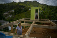 En esta fotografía del 8 de septiembre de 2018, Alma Morales Rosario posa para un retrato entre las vigas de su casa en vías de ser reconstruida después de haber sido destruida por el huracán María hace un año en el barrio San Lorenzo de Morovis, Puerto Rico. Rosario, que está incapacitada por la diabetes y una enfermedad de la sangre, pidió un préstamo para mejorar su casa antes del huracán, pero lo perdió todo. Después del meteoro, Rosario alquiló una casa hasta que ya no pudo pagar con su pensión mensual de 598 dólares y ahora divide su tiempo viviendo con su madre e hija. Rosario dijo que ya gastó los 7.000 dólares que recibió de ayuda de la FEMA y que ahora está usando el dinero de un pariente, que también la está ayudando con la labor de reconstruir su casa, pero que sabe que no hay suficiente dinero para todos los materiales. "Espero, con la ayuda de Dios, tener la casa terminada por fuera, las paredes y el techo, en noviembre. Pero si no es posible, haré una habitación con la madera que tengo debajo de la estructura y viviré allí hasta que pueda terminarla. Nunca pensé que esto me iba a pasar a mí", dijo. (AP Foto/Ramón Espinosa)