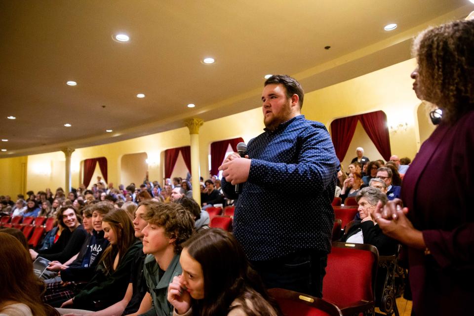 Inland Lakes student Austin Campeau asks a question during a Q&A session after oral arguments were given in front of the Michigan Supreme Court Wednesday, April 26, 2023, at the Cheboygan Opera House. The court has traveled Up North as part of its Community Connections Program to educate students and the community on the state's judicial system.