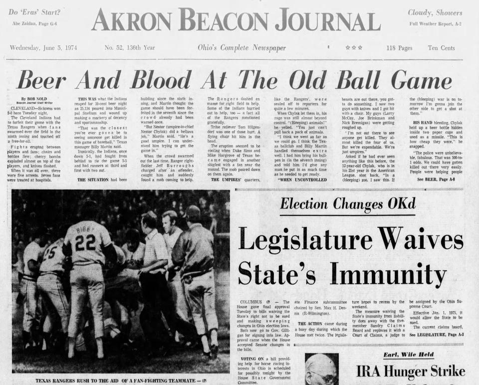 The front page of the Akron Beacon Journal on June 5, 1974, covering the fan riot during 10-cent beer night on June 4, 1974, at Cleveland Stadium.