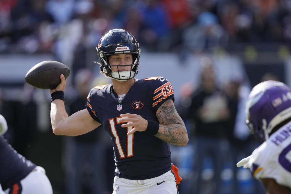 Chicago Bears quarterback Tyson Bagent throws during the second half of an NFL football game against the Minnesota Vikings, Sunday, Oct. 15, 2023, in Chicago. (AP Photo/Charles Rex Arbogast)