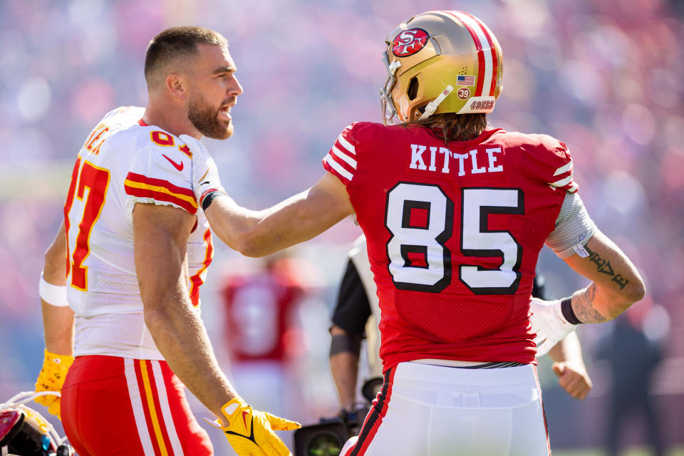 Travis Kelce won't be in fantasy lineups in Week 8 with the Chiefs on bye, but 49ers tight end George Kittle will look to continue his recent momentum. (Photo by Bob Kupbens/Icon Sportswire via Getty Images)