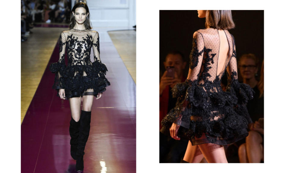 <p>This gown is what red carpet dreams are made of — ruffled black Chantilly lace and heavy embroidery with a sexy opening at the back. (<i>Photos: Getty Images)</i><br></p>