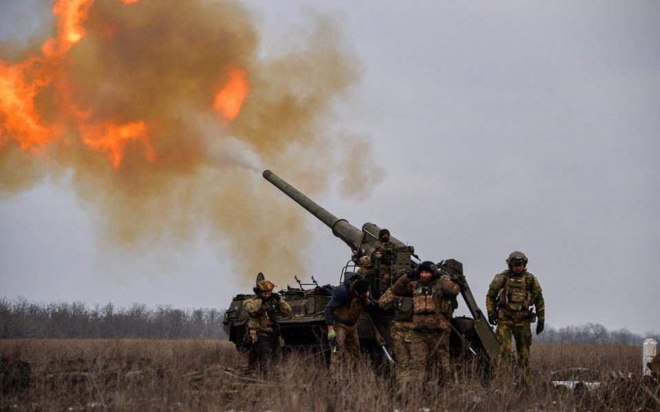 Ukrainian artillery teams fire Pions toward Russian positions in Bakhmut, Eastern Ukraine - Madeleine Kelly/SOPA Images/Shutterstock