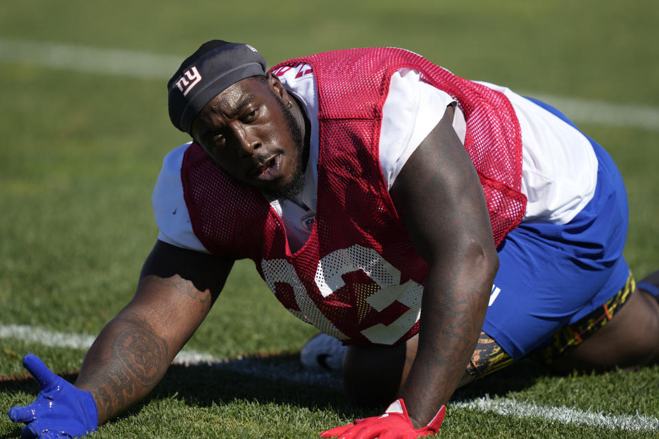 New York Giants tackle Raheem Nunez-Roches participates in training activities at the NFL football team's practice facility, Sunday, July 30, 2023, in East Rutherford, N.J. (AP Photo/John Minchillo)