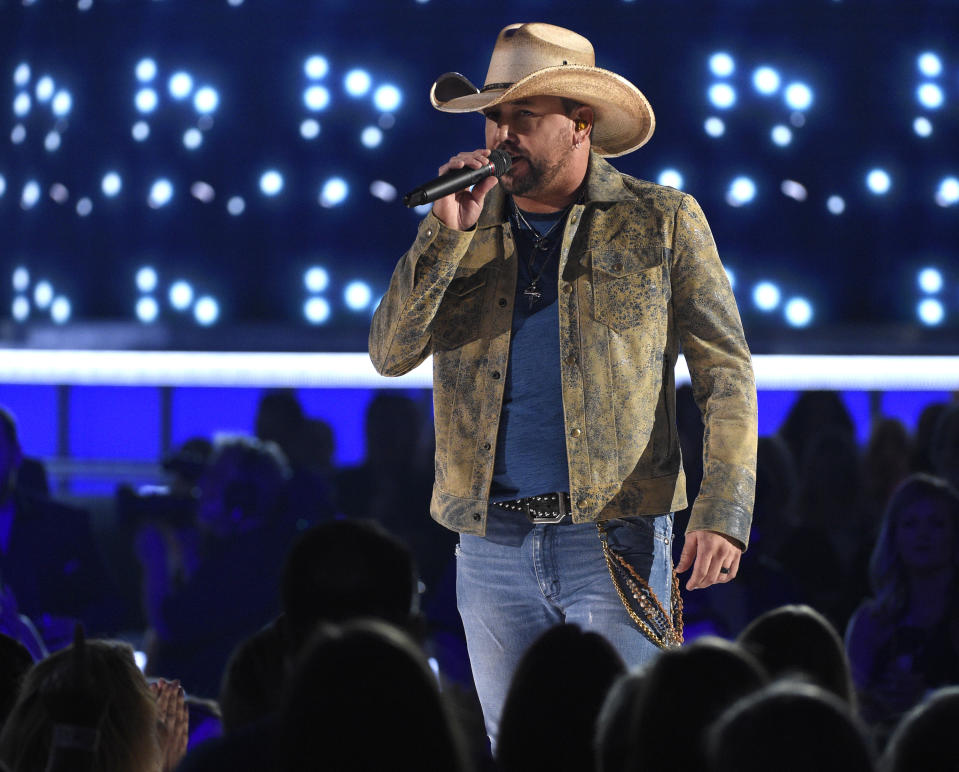 FILE - Jason Aldean performs "Can't Hide Red" at the 54th annual Academy of Country Music Awards on Sunday, April 7, 2019, in Las Vegas. Aldean turns 46 on Feb. 28. (Photo by Chris Pizzello/Invision/AP, File)