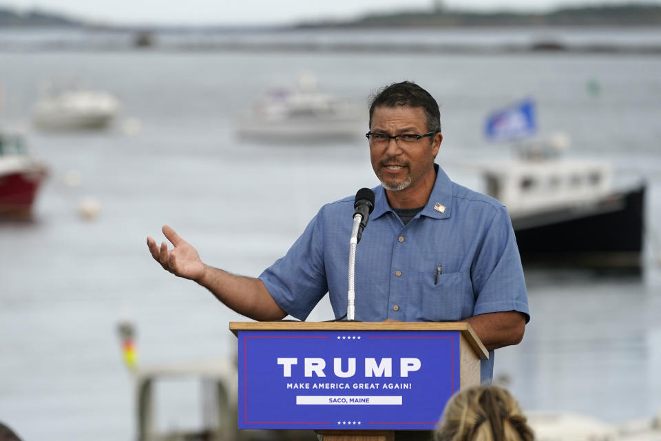 FILE-In this Thursday, Sept. 17, 2020, file photo, lobsterman Jason Joyce speaks at a campaign rally for President Donald Trump at the harbor at Camp Ellis in Saco, Maine. Joyce also spoke at the Republican National Convention, touting Trump's efforts to help the state's lobster industry. (AP Photo/Robert F. Bukaty)