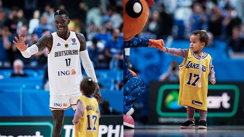 施洛德（Dennis Schroder）9月14日歐錦賽對戰希臘時就讓女兒穿上湖人球衣，加盟湖人似乎早有預兆。（圖／翻攝自FIBA官網）