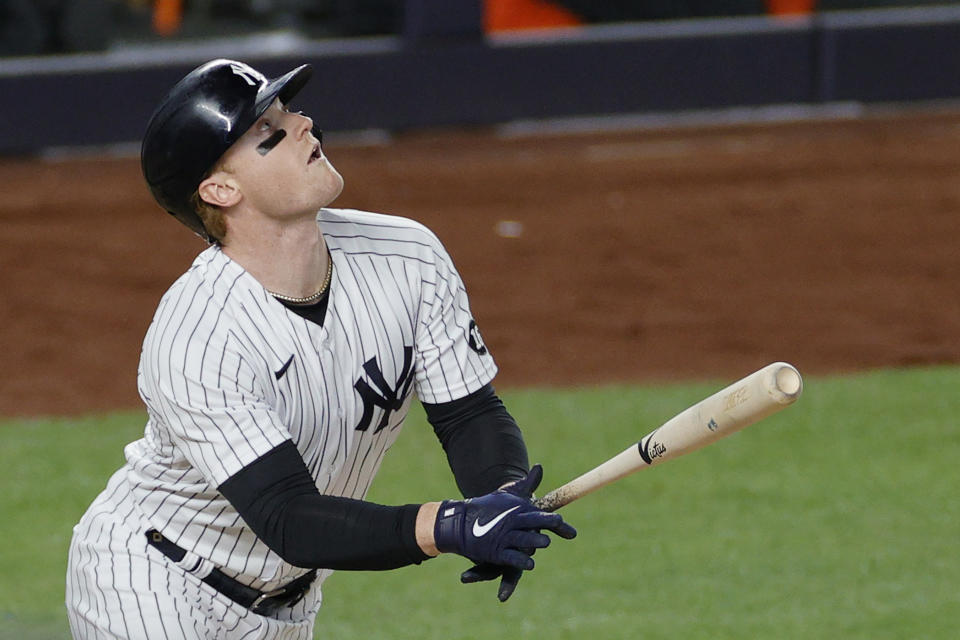 NEW YORK, NEW YORK - APRIL 06: Clint Frazier #77 of the New York Yankees bats during the fifth inning against the Baltimore Orioles at Yankee Stadium on April 06, 2021 in the Bronx borough of New York City. (Photo by Sarah Stier/Getty Images)