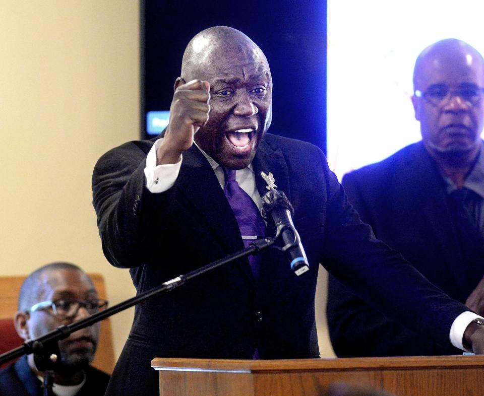 Civil rights and personal injury attorney Ben Crump speaks during the funeral service of Sonya Massey at Ruby's Funeral Services and Chapel in Springfield Friday, July 19, 2024.