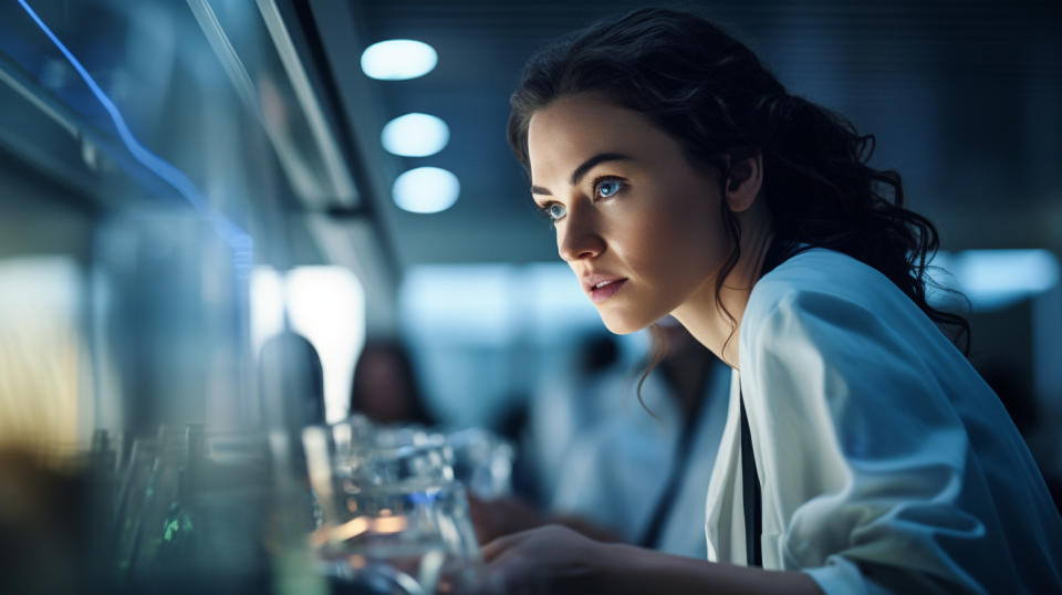 A scientist standing in a laboratory, deeply focused on discovering new biopharmaceuticals.