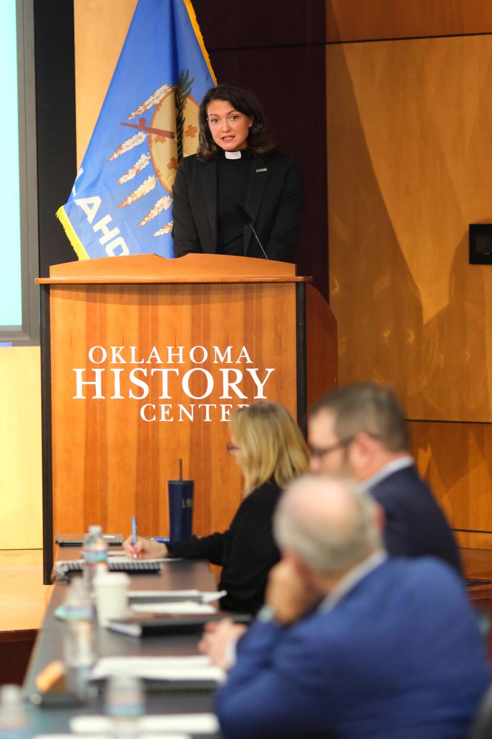 The Rev. Lori Walke speaks on April 11 during public comments during Oklahoma Statewide Virtual Charter School Board meets to discuss a vote on whether to approve the creation of St. Isidore of Seville Catholic Virtual School, a Catholic charter school.