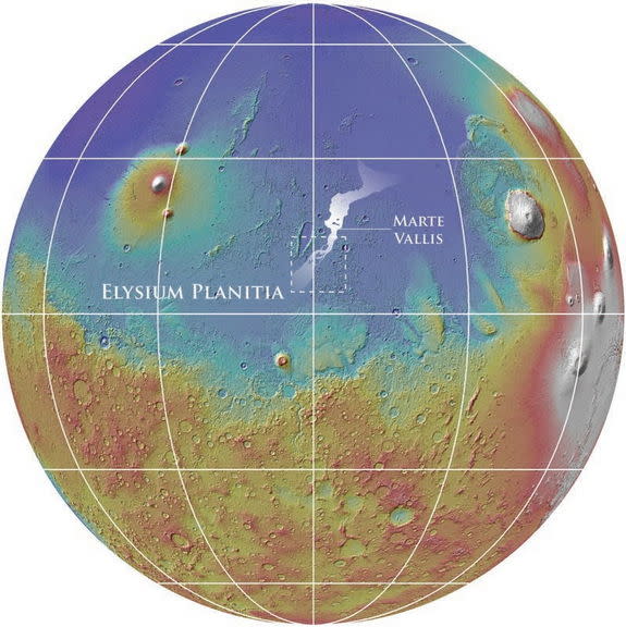 The Mars map shows the location of the nearly 1,000-kilometer Marte Vallis channel system on Mars created during an ancient mega-flood. Marte Vallis is filled with lava obscuring the source and morphology of the channels. Image released March 7