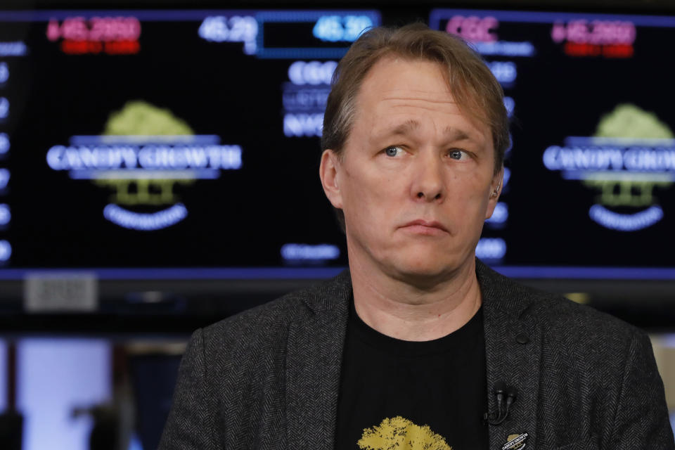 Canopy Rivers founder, Chairman & co-CEO Bruce Linton is interviewed on the floor of the New York Stock Exchange, Thursday, March 7, 2019. (AP Photo/Richard Drew)