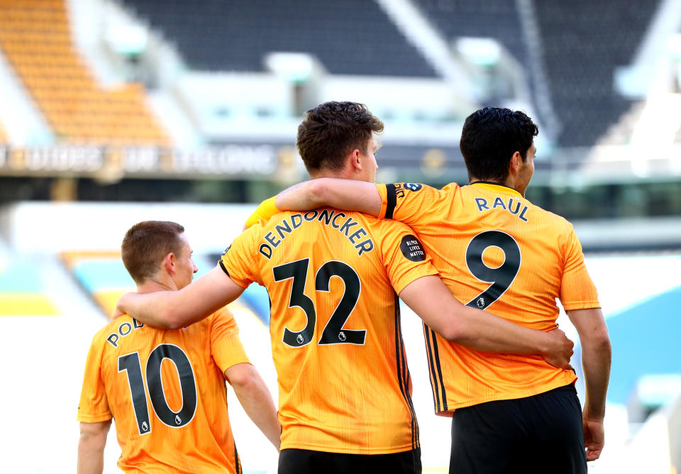 WOLVERHAMPTON, ENGLAND - JULY 12: Leander Dendoncker of Wolverhampton Wanderers  celebrates scoring his teams second goal during the Premier League match between Wolverhampton Wanderers and Everton FC at Molineux on July 12, 2020 in Wolverhampton, England. Football Stadiums around Europe remain empty due to the Coronavirus Pandemic as Government social distancing laws prohibit fans inside venues resulting in all fixtures being played behind closed doors. (Photo by Chloe Knott - Danehouse/Getty Images)