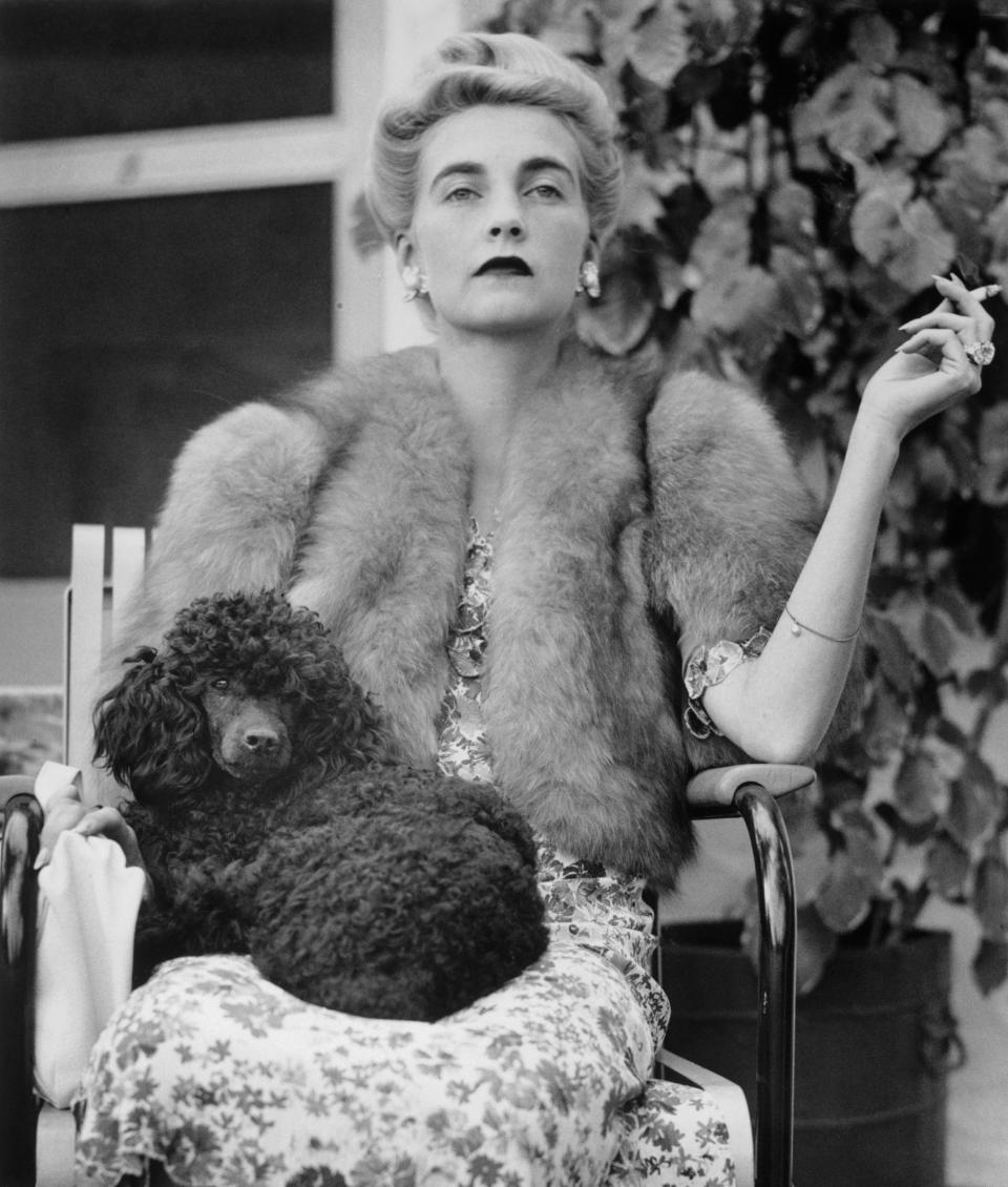 Countess Haugwitz-Reventlow (Barbara Hutton) sits with a poodle on her lap while watching a tennis match on January 18, 1940, in Palm Beach, Florida.