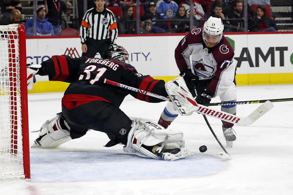 Colorado Avalanche's Tyson Jost (17) grabs a rebound off the pad of Carolina Hurricanes goaltender Anton Forsberg (31), of Sweden, for a goal during the second period of an NHL hockey game in Raleigh, N.C., Friday, Feb. 28, 2020. (AP Photo/Karl B DeBlaker)