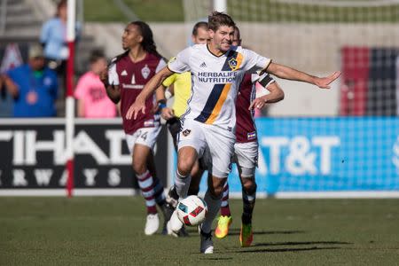 Nov 6, 2016; Commerce City, CO, USA; Los Angeles Galaxy midfielder Steven Gerrard (8) fields the ball in the second half against the Colorado Rapids at Dick's Sporting Goods Park. Rapids win 1-0 in a shootout (3-1). Mandatory Credit: Isaiah J. Downing-USA TODAY Sports