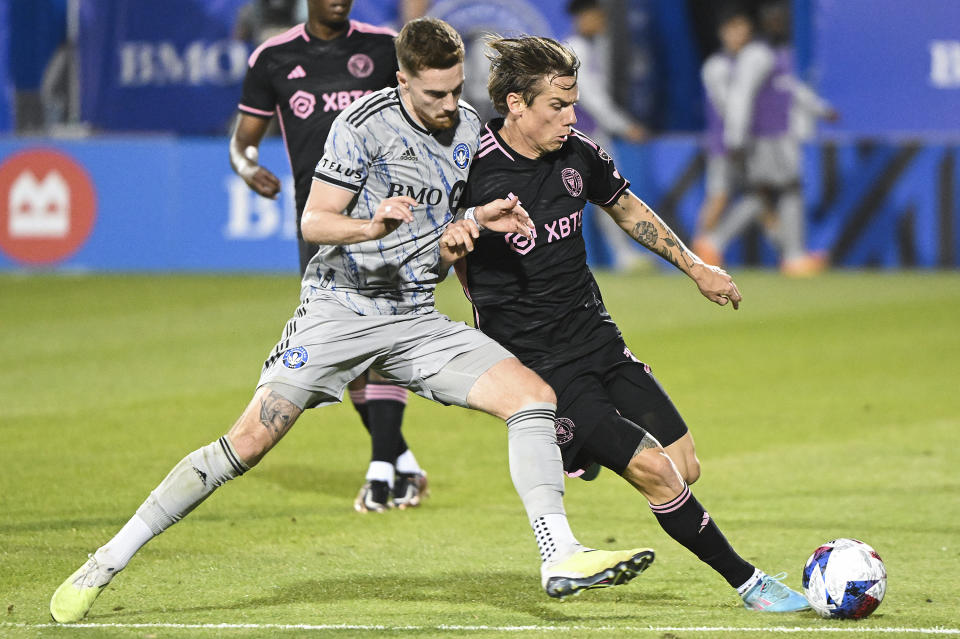 CF Montreal's Joel Waterman, left, challenges Inter Miami's Robert Taylor during second-half MLS soccer match action in Montreal, Saturday, May 27, 2023. (Graham Hughes/The Canadian Press via AP)