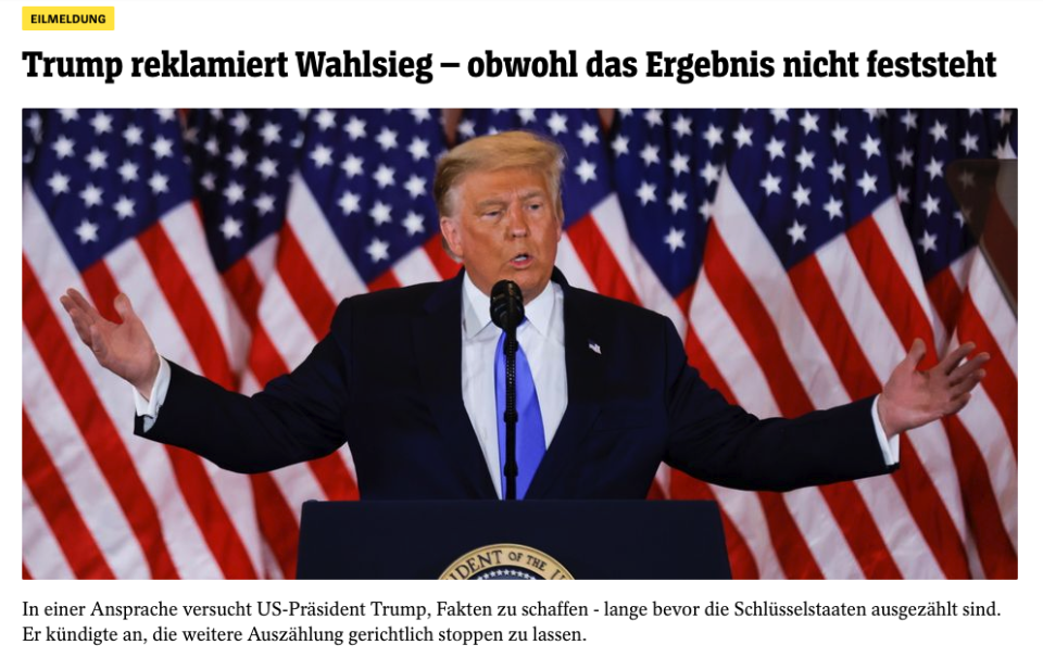 'Trump claims victory - even though the result is not certain' says Der Spiegel's website on 4 November. Credit: Der Spiegel.