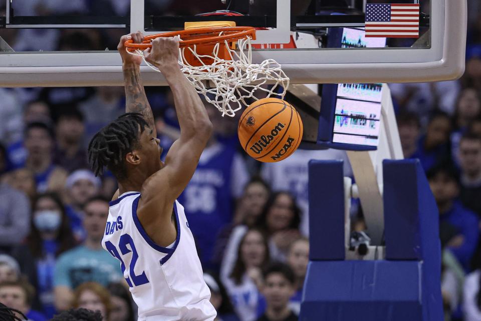 Jan 21, 2023; Newark, New Jersey, USA; Seton Hall Pirates forward Tae Davis (22) dunks the ball during the first half against the Marquette Golden Eagles at Prudential Center. Mandatory Credit: Vincent Carchietta-USA TODAY Sports