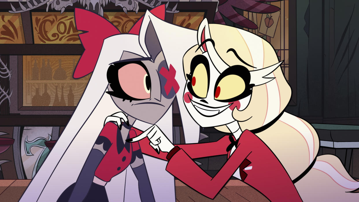  Vaggie and Charlie look at each other close up in Hazbin Hotel, one of the best Prime Video shows. 