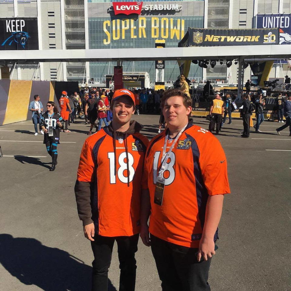 Patrick Schwarzenegger declared that he and brother Christopher were “Supporting Sheriff [Peyton] Manning” in their Broncos jerseys. (Photo: Instagram)
